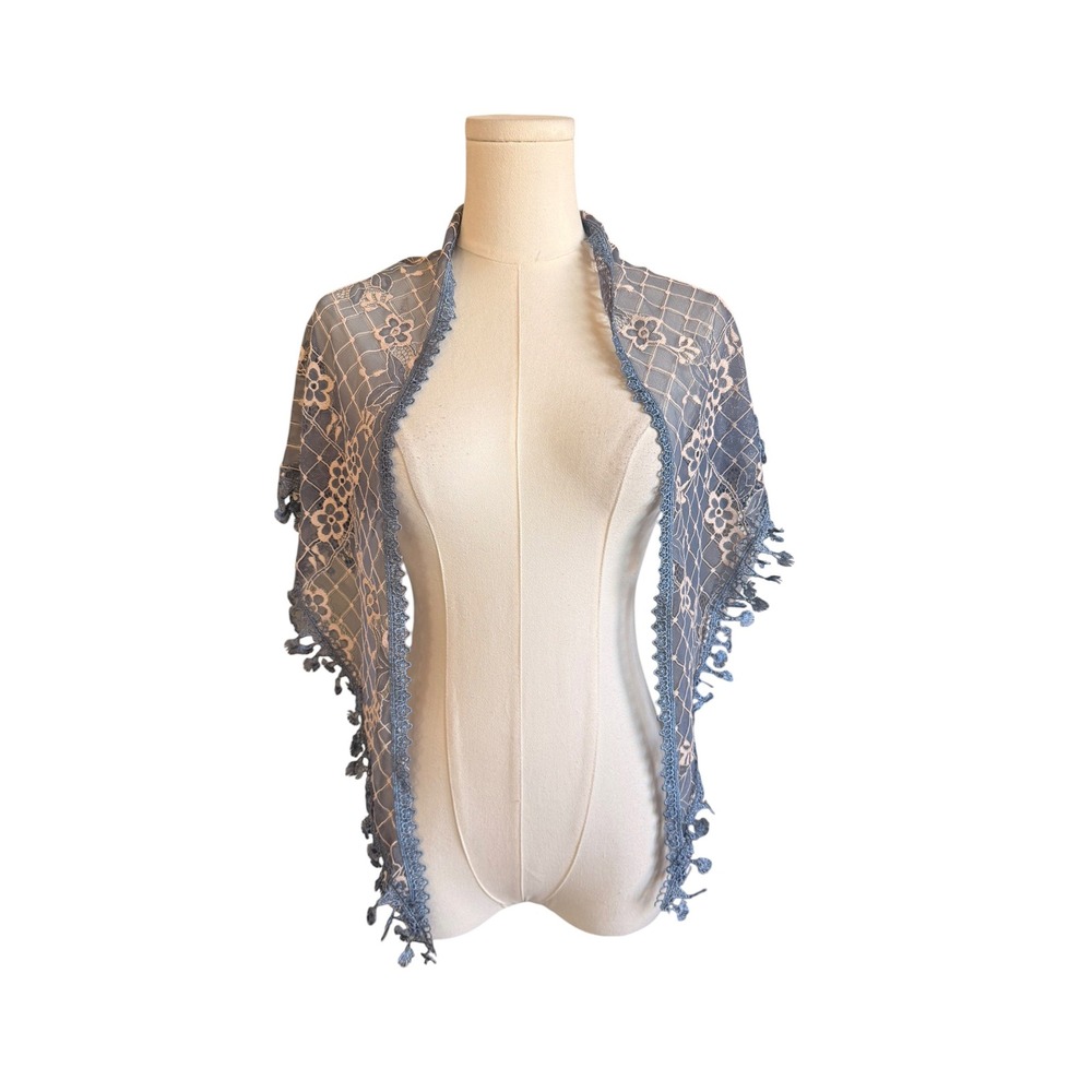 Vintage Blue Floral Lace Triangle Shawl Scarf with Tassel Trim